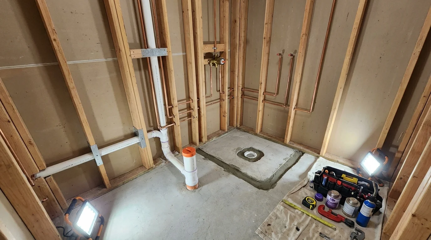Bathroom rough-in plumbing during remodel by Johns Plumbing LLC in Haslet