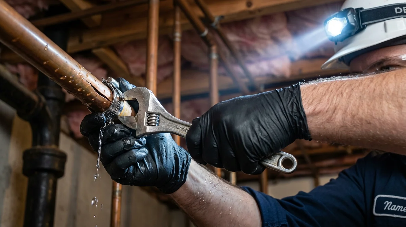 Emergency pipe clamp repair being performed by a Johns Plumbing LLC plumber in Haslet